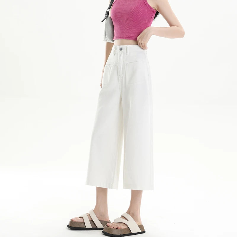 Y2K Loose Casual Medium Jeans Summer New Women's High Waist Korean 2000s Denim Pants Fashion All Match Seven Points Baggy Jeans