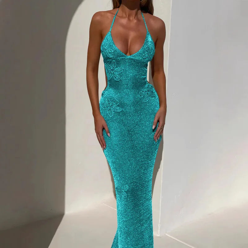 Women Slim Halter Backless Sleeveless See Through Party Dress Sexy Knit Embroidery Long Beach Dresses 2025 New Summer Lady Robes