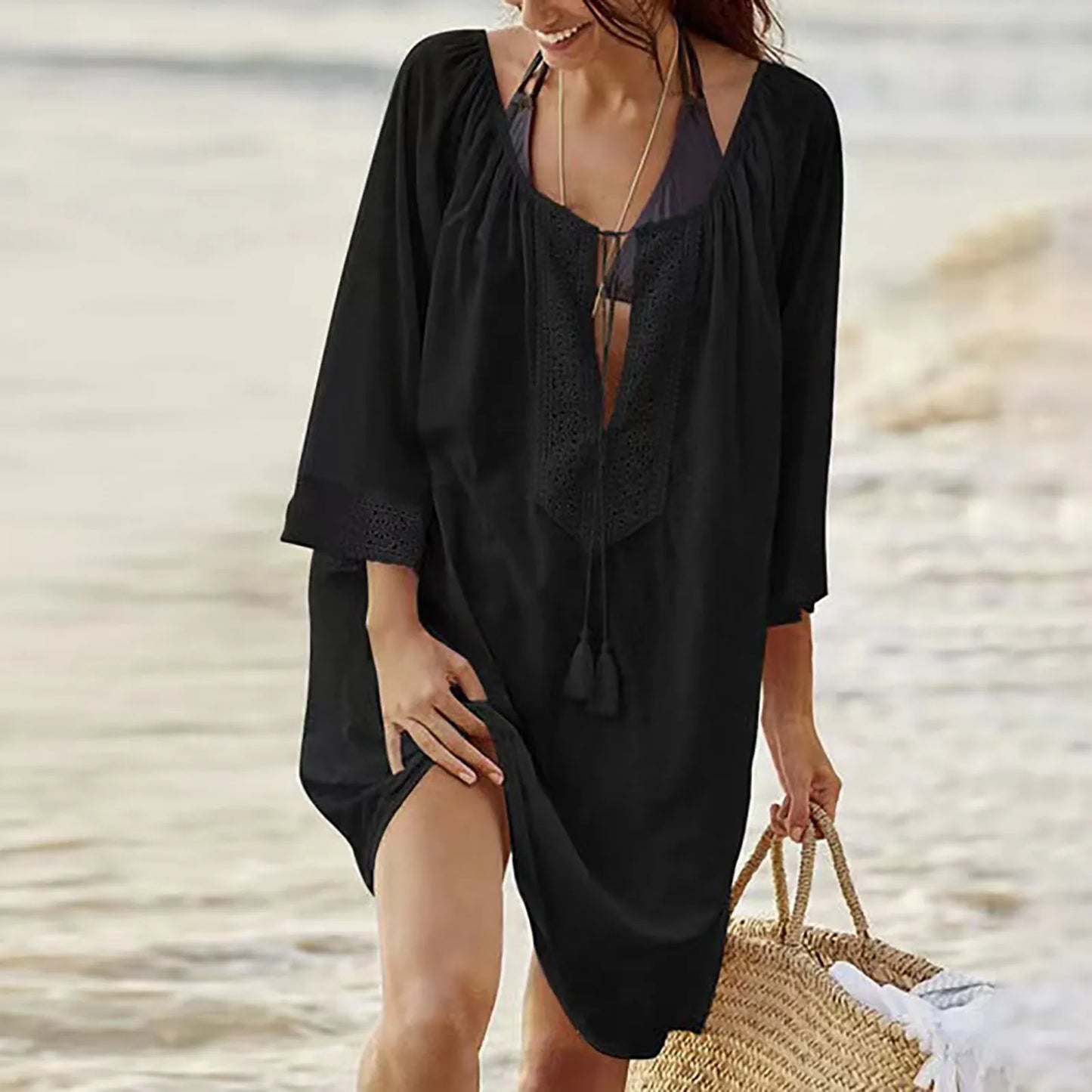 Vacation Robe Beach Bikini Dress Sunscreen Clothing Swimsuit Woven Loose Fitting Female Swimsuit Loose Solid Cover Ups For Women
