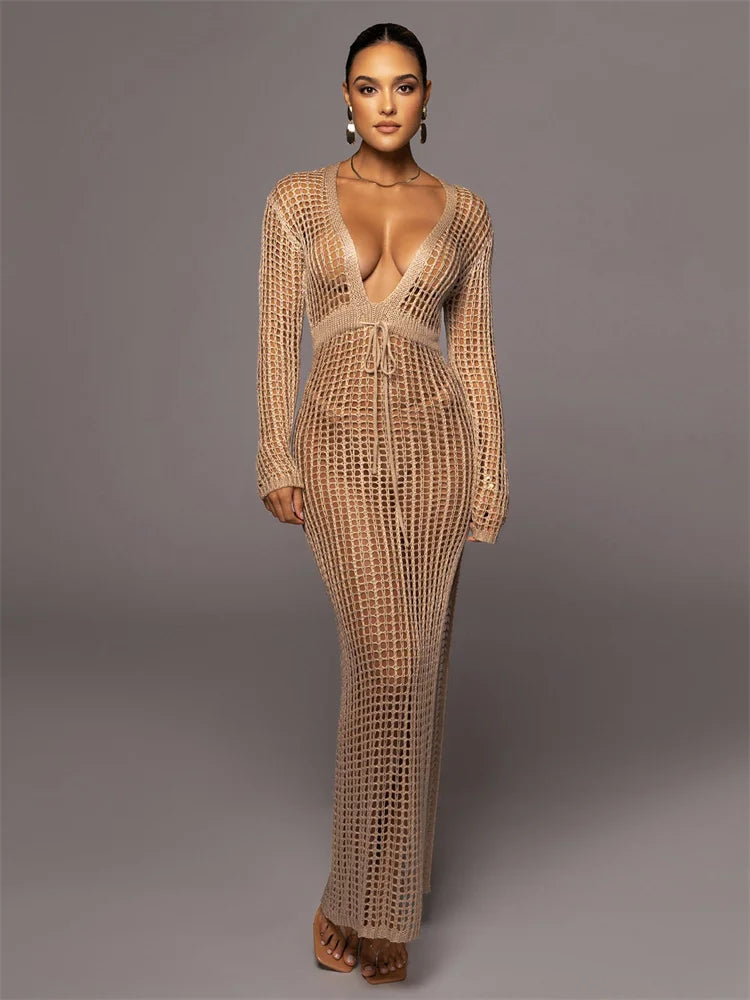 JRRY Sexy Women Knitted Dresses Deep V Neck Tassels Sleeves Crochet Dress Cover Ups Hollow Out Crocheted Beach Skirt Cover Ups