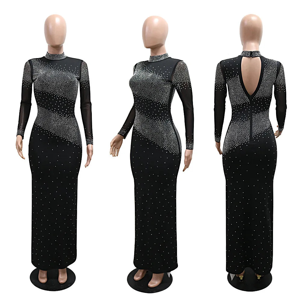 Women Evening Dresses High Neck Shiny Rhinestones Cocktail Elegant Party Dress Luxury Long Sleeve Formal Prom Dresses XSY015