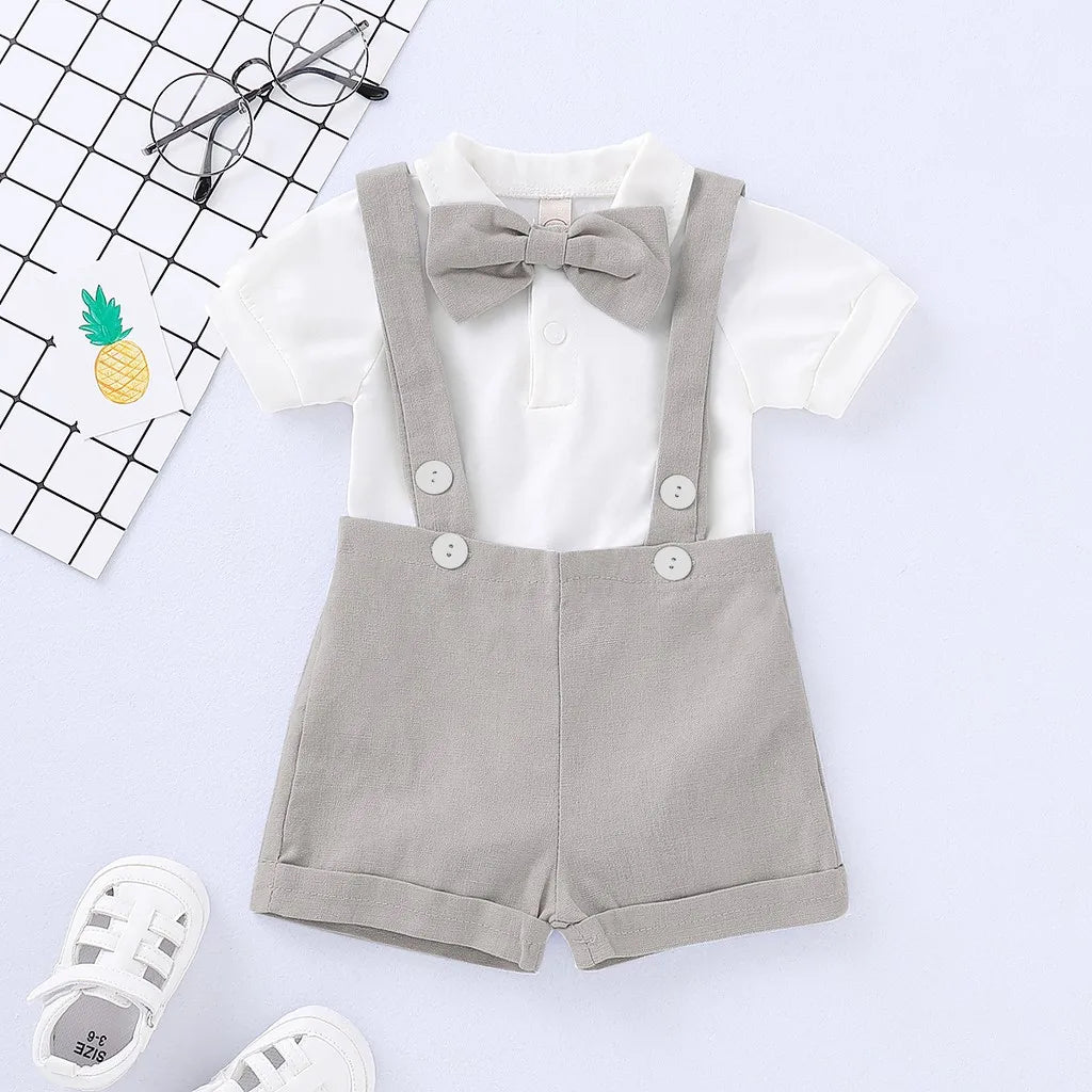 0-24 Months Baby Boy Outfits Gentlemen Suit Wedding Party Set Lapel Romper with Bow Tie+Suspender Shorts 2PCS Summer Wear