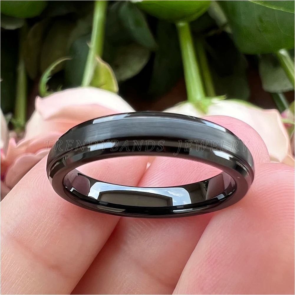 4mm Black Womens Mens Jewelry Tungsten Carbide Ring Wedding Band With Stepped Beveled Edges Brushed Finish Comfort Fit