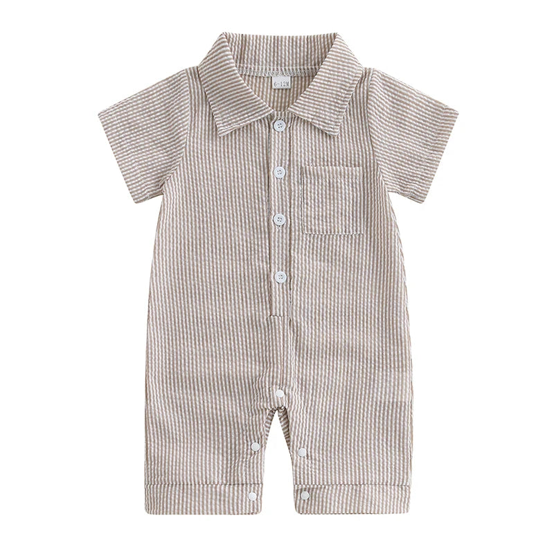 0-18M Newborn Baby Boy Summer Clothes Stripe Short Sleeve Dress Shirt Romper Button Jumpsuit Gentleman Outfit
