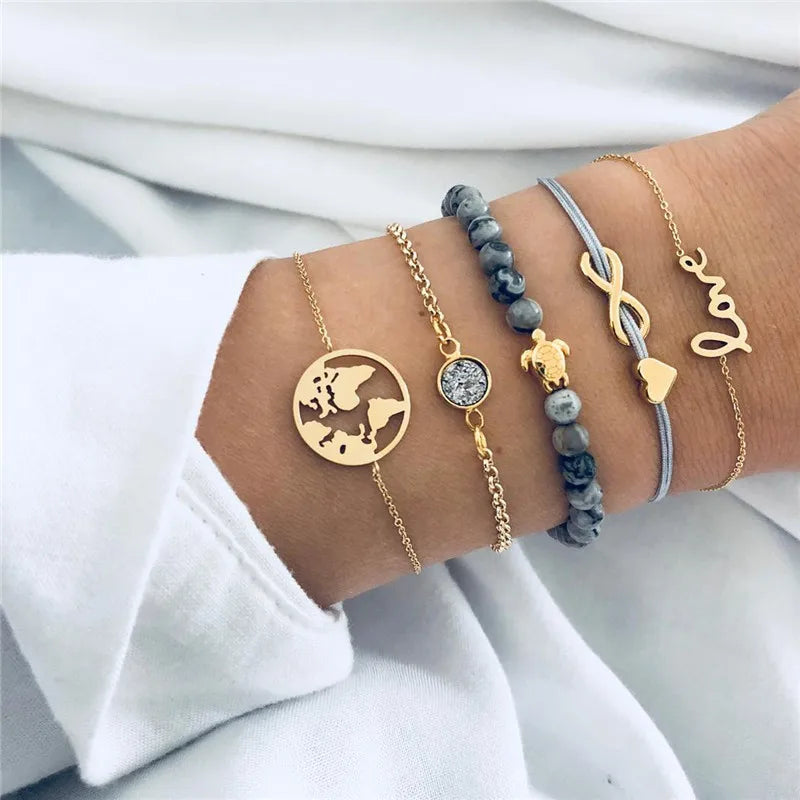 YOBEST 2024 New Heart Beads Chain Bracelets for Women, Silver Color Trendy Geometric Bracelets Set, Party Jewelry Accessories