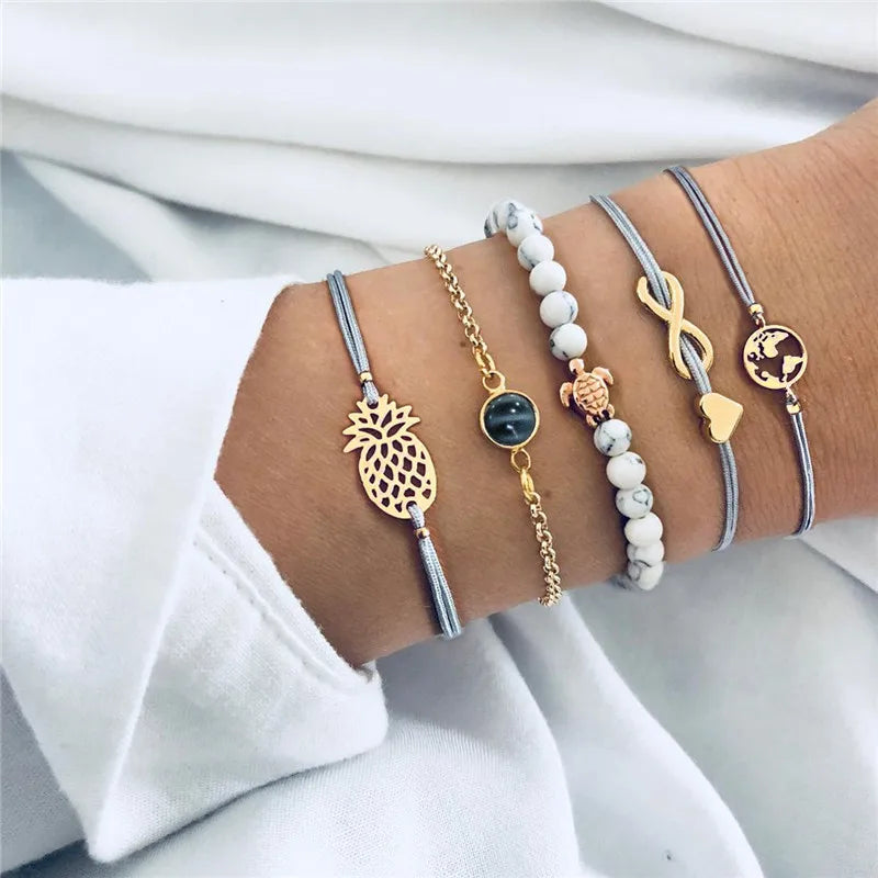 YOBEST 2024 New Heart Beads Chain Bracelets for Women, Silver Color Trendy Geometric Bracelets Set, Party Jewelry Accessories