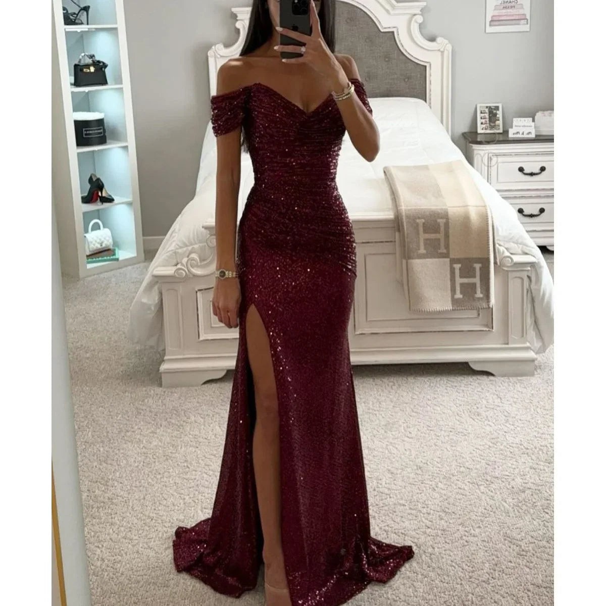 Women New Party Sequins Strapless Split Dress Casual Fashion Dress Solid Color High Waist Floor Length