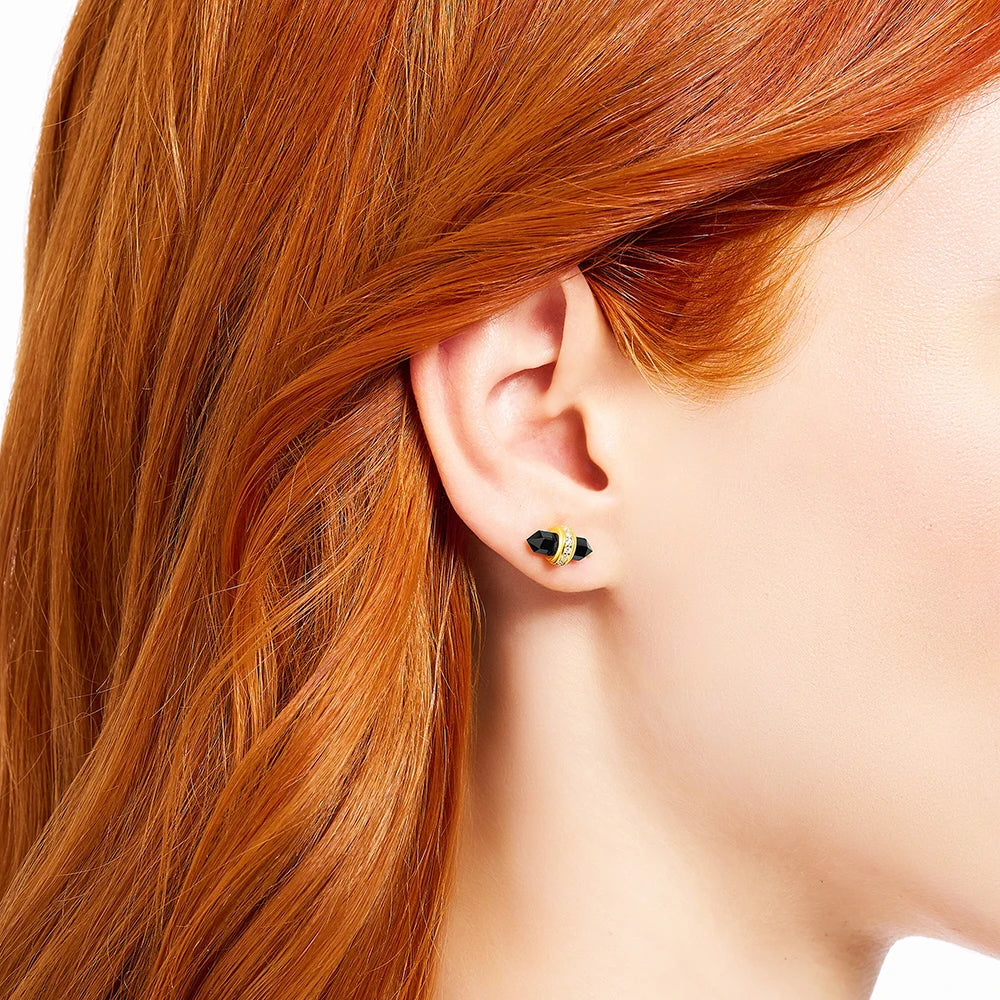 Gold Plated Ear Studs Hexagonal Onyx Europe Vintage Fine Jewerly For Women Gift In Pure 925 Sterling Silver