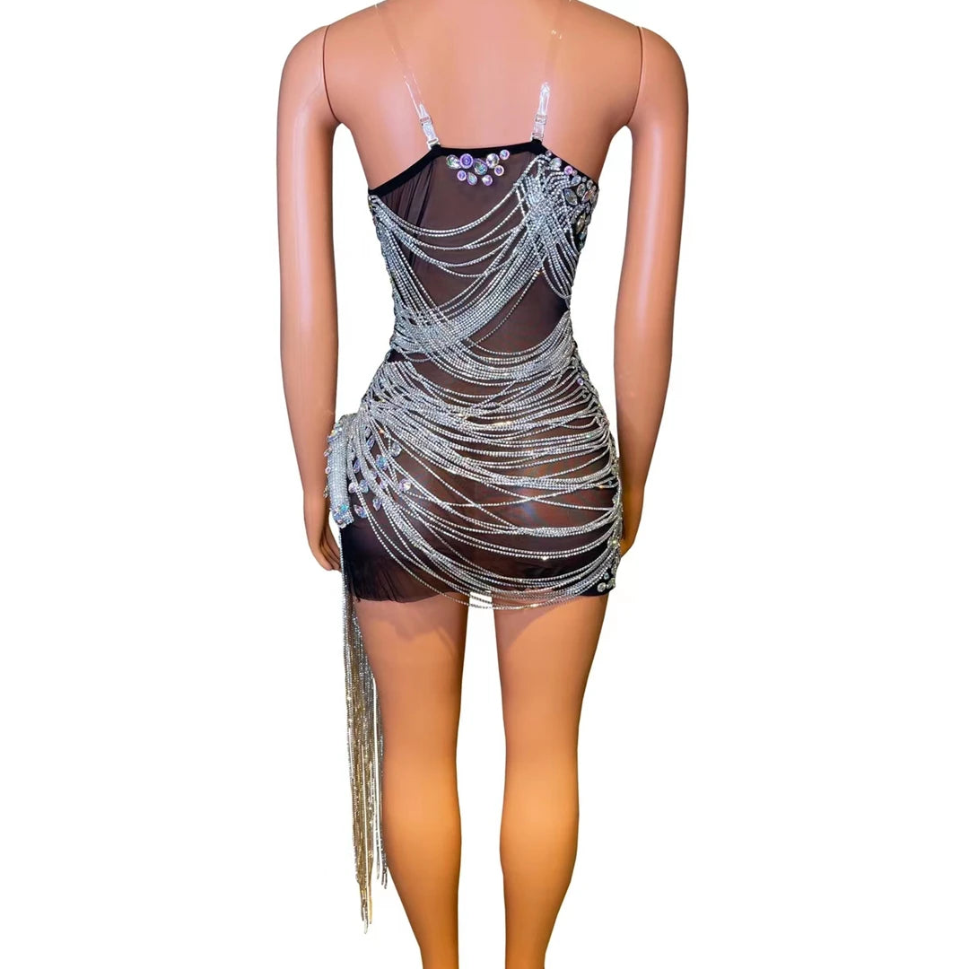 Bling Bling Diamond Fringe Dress Sexy Spaghetti Straps Birthday Party Dress Robe De Soiree Summer Night Out Club Costume Luoli