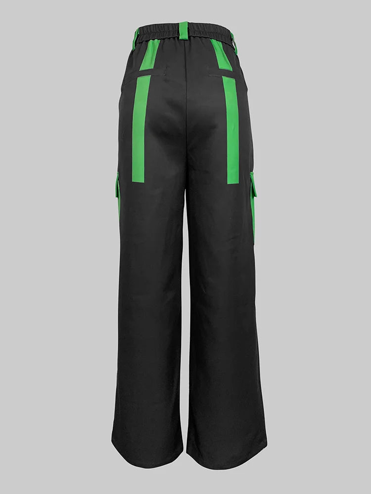 Beautyblue Fashion Woman Casual Pants Wide Leg Trousers 2025 Loose Contrast Color No Belt Pockets Black Green Bottoms Streetwear