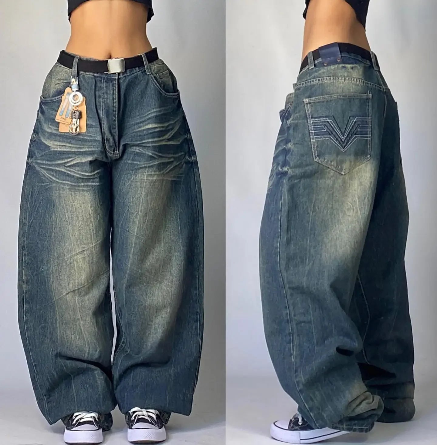 American New Fashion Letter Embroidery Washed Hole Baggy Jeans Men Y2K Streetwear Harajuku Popular High Waist Wide-leg Trousers