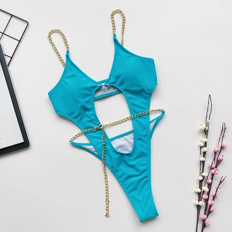 Women Luxury Sexy Swimsuit Halter Push Up Bandage Swimwear Bikini Thong Swimsuit Chain Push Up Beachwear