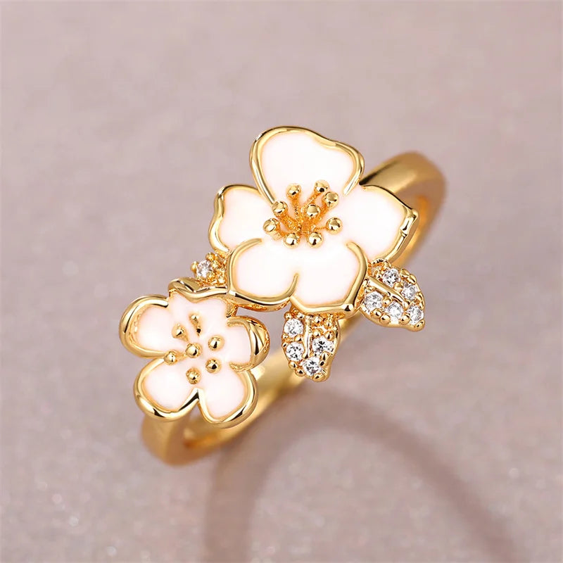 Huitan 2023 Trend Women Double Flowers Rings White Enamel Sparkling CZ Fancy Female Finger Accessories Gift Statement Jewelry