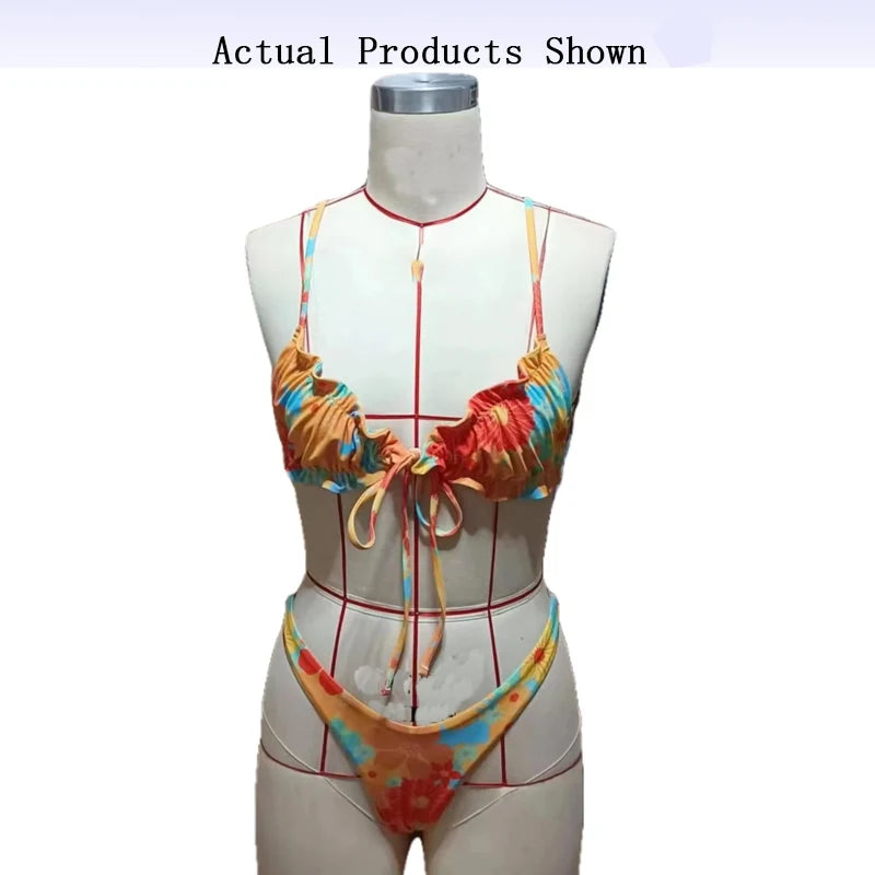 BEACHCICI Women's Beach Print Contrast Color Bikini Set Ladies Lace Up Two-Piece Swimsuit 2023 Beach Swimsuit Swimwear
