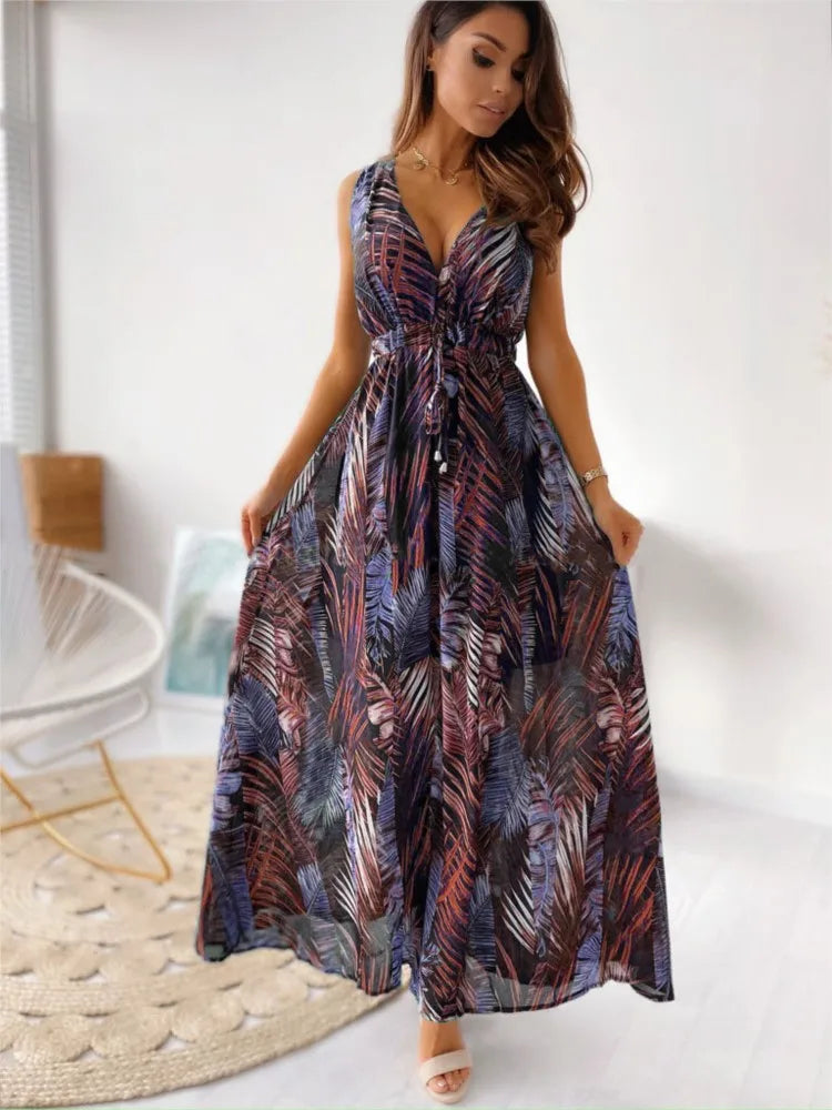 Women's Summer New Fashionable Printed Sexy V-neck Sleeveless Bareback Strap With Waist Drawstring Casual Loose Long Dress