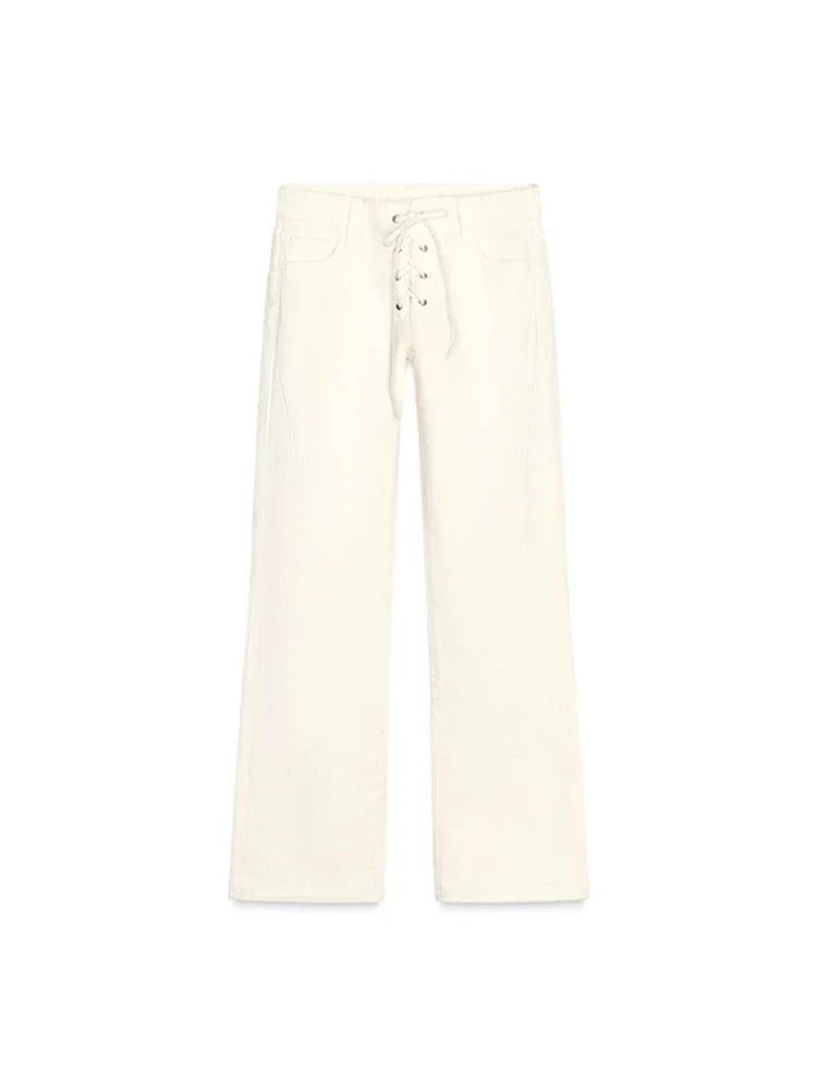Fashion Solid Rivets Denim Long Pants Women Y2K High Waist Pockets Zipper Beads Straight Jeans Lady Wide Leg Trousers Streetwear