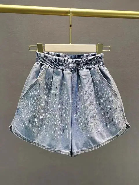 Korean Fashion Summer New Women's Elastic Waist Diamonds Pockets Simplicity Versatile High Waist Loose Cowboy Wide Leg Shorts