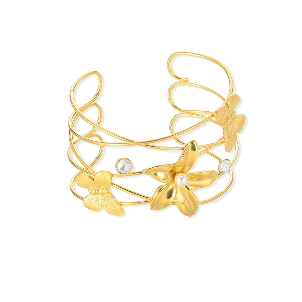 Exaggerated Flower Bangles For Women Gold Color Stainless Steel Flower Butterfly Geometric Bangle Jewelry Wedding Party Gift