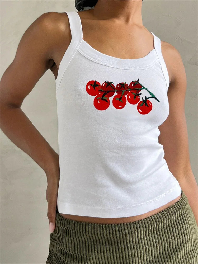 CHRONSTYLE Women Summer Print Cropped Tank Tops Slim Fit Round Neck Sleeveless Vest Tops Slim Fit Casual Clothes Streetwear 2024