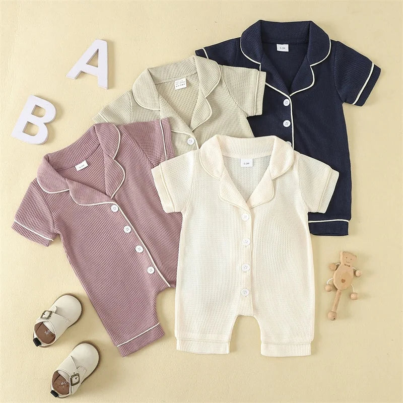0-24months Baby Romper Pajama Lapel Neck Short Sleeve Trim Button Down Waffle Jumpsuit Infant Toddler Boys And Girls Sleepwear