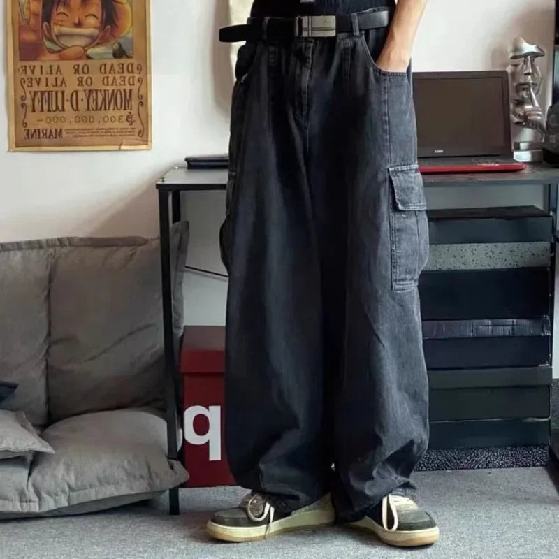 2024 New Black Baggy Jeans Men Oversize Korean Fashion Cargo Wide Denim Pants Streetwear Y2k Pants Male Sweatpants