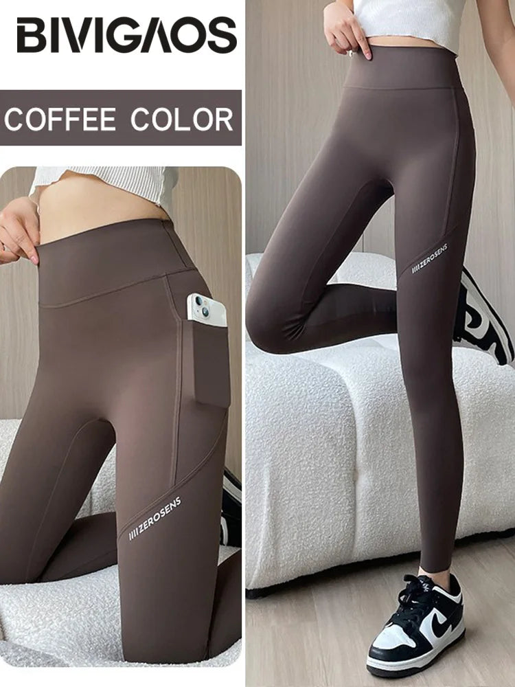 BIVIGAOS Side Pocket Shark Leggings Women Thin Spring Summer Seamless Sports Fitness Leggings High Waist Running Yoga Leggings