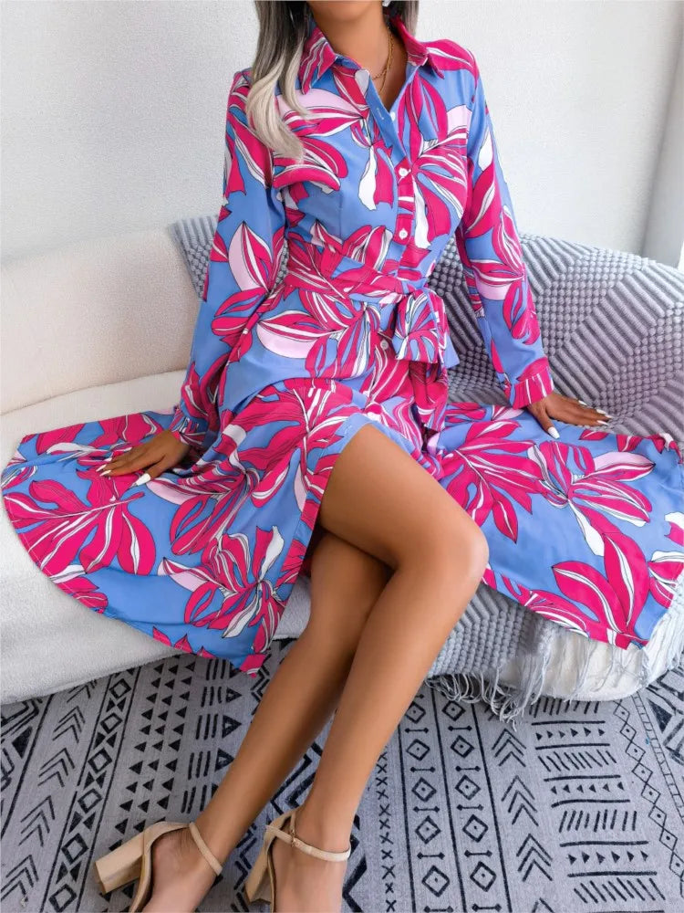 Women's Spring Summer New Fashion Print Contrasting Flower Lapel Tie Waist Cinched Long Sleeved Shirt Skirt Mid Length Skirt
