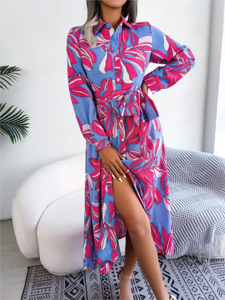 Women's Spring Summer New Fashion Print Contrasting Flower Lapel Tie Waist Cinched Long Sleeved Shirt Skirt Mid Length Skirt
