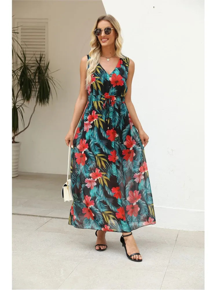 Women's Summer New Fashionable Printed Sexy V-neck Sleeveless Bareback Strap With Waist Drawstring Casual Loose Long Dress