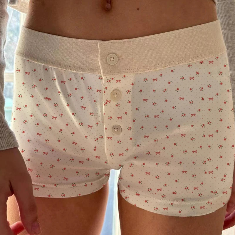 00s Cottage Cute Button Shorts Y2k Aesthetic Elastic Waist Pajama Pants Comfy Soft Sleep Bottoms Teen Girl Women Retro Shorts
