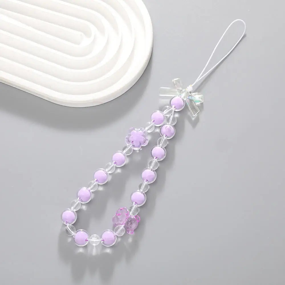 Bowknot Beaded Mobile Phone Chain Charm Acrylic Heart Beaded Pendant Phone Hanging Lanyard Strap Women Girls Sweet Accessories