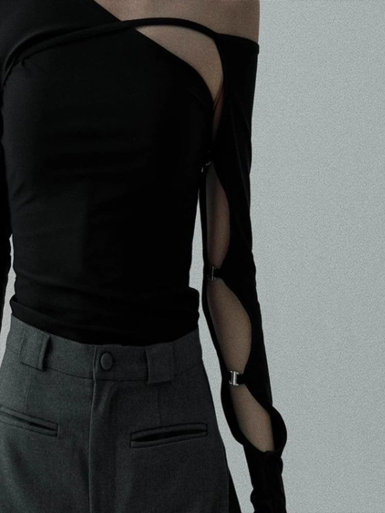 Streetwear Off Shoulder Hollow Out Tees Solid Vintage Casual All Match Crop Top Long Sleeve Slim Women Chic T-shirts Fashion Y2k