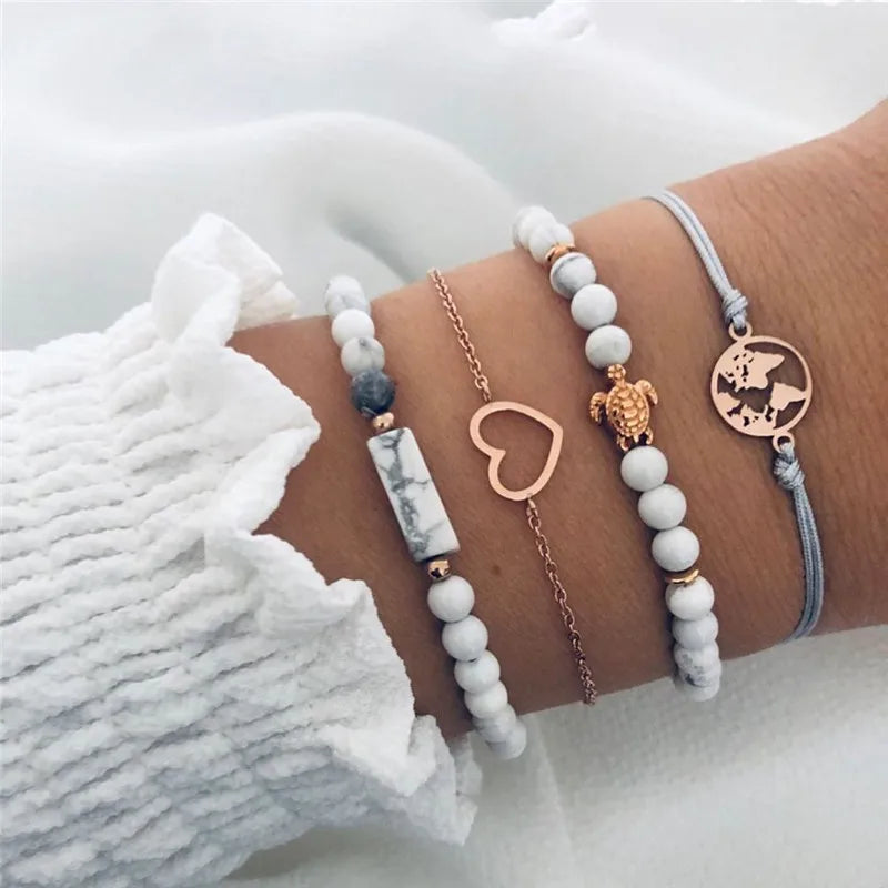 YOBEST 2024 New Heart Beads Chain Bracelets for Women, Silver Color Trendy Geometric Bracelets Set, Party Jewelry Accessories