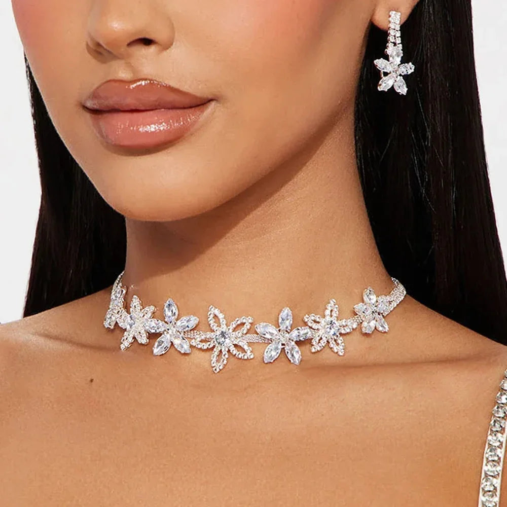 Hollow Crystal Flower Necklace Earrings Set Statement Accessories High Quality Zircon Bridal Jewelry Sets Wedding for Women