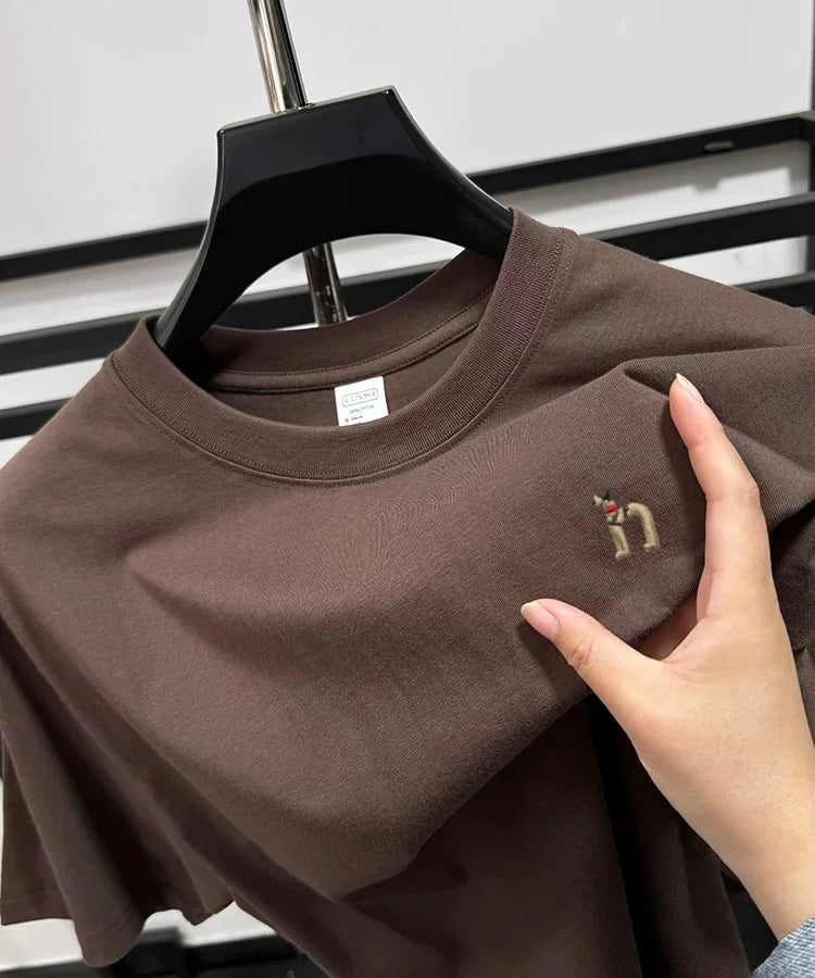 100% pure cotton new high-end brand men's round neck short sleeved T-shirt summer fashion dog embroidery Korean loose design top