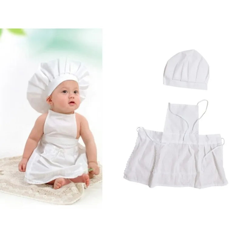 2 Pcs Cute Baby Chef Apron and Hat Infant Kids White Cook Photos Costume Photography Prop Newborn Hat Apron