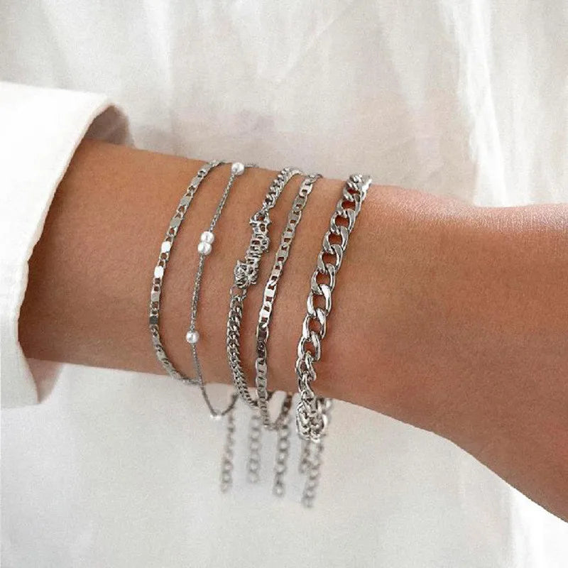 YOBEST 2024 New Heart Beads Chain Bracelets for Women, Silver Color Trendy Geometric Bracelets Set, Party Jewelry Accessories