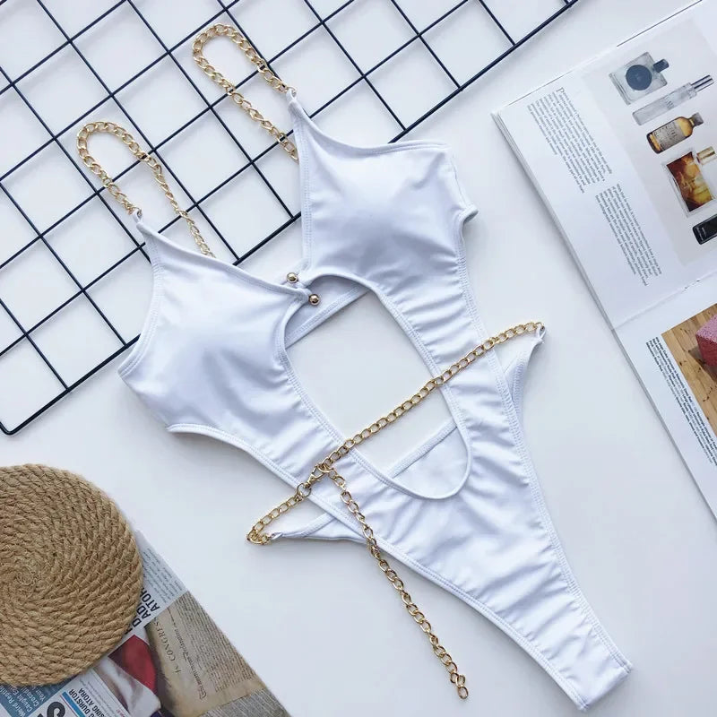 Women Luxury Sexy Swimsuit Halter Push Up Bandage Swimwear Bikini Thong Swimsuit Chain Push Up Beachwear