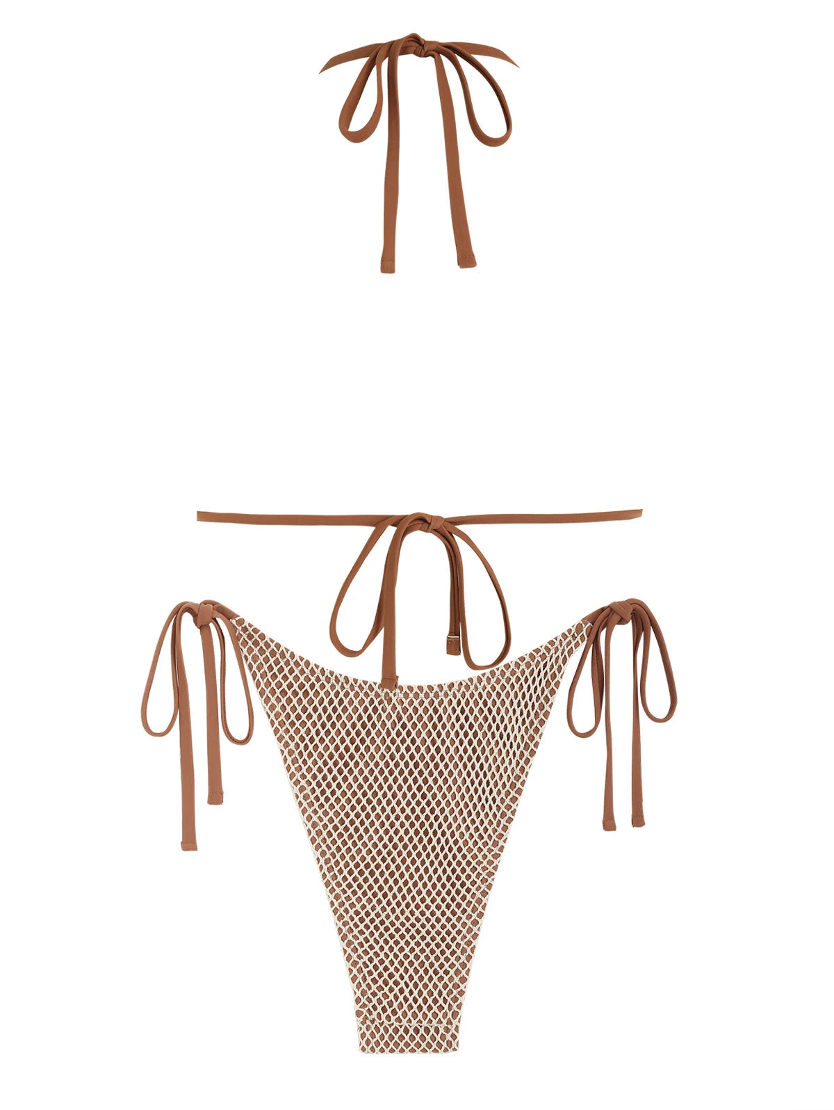 Women's Swimsuit Swimwear Matching Multiway Contrast Fishnet Halter Bandeau Tie Side Tanga Two Piece Bikinis Female Bikinis Set