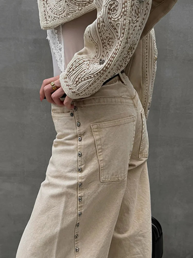 Fashion Solid Rivets Denim Long Pants Women Y2K High Waist Pockets Zipper Beads Straight Jeans Lady Wide Leg Trousers Streetwear