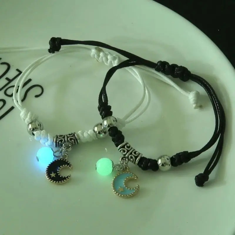 2 Pcs Luminous Moon Star Bracelet Pair Of Adjustable Braided Rope Matching Friend Bracelet For Men Women Couples Gift Jewelry