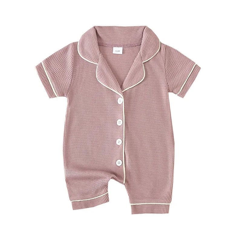 0-24months Baby Romper Pajama Lapel Neck Short Sleeve Trim Button Down Waffle Jumpsuit Infant Toddler Boys And Girls Sleepwear