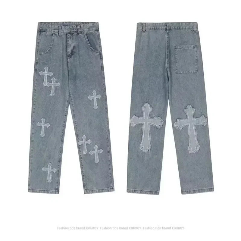 2023 Fashion Trousers Cross Denim Pants Streetwear Hip Hop Low Rise Baggy Jeans For Men Korean Y2k Women Cargo Pants Punk Clothe