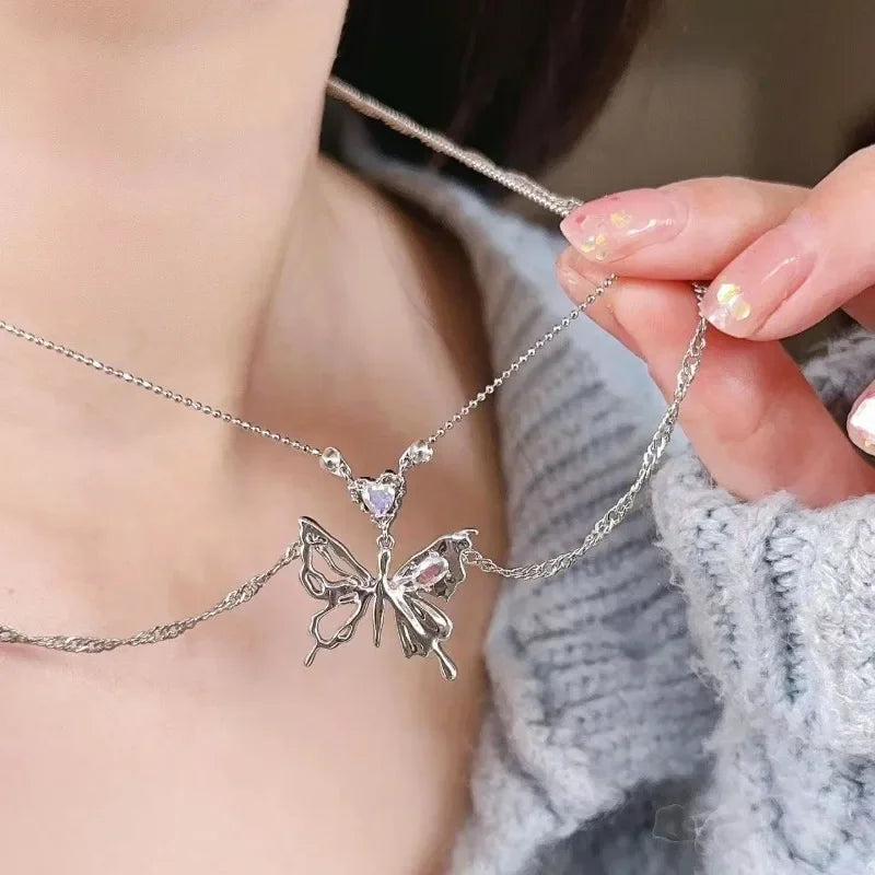 Y2K Crystal Butterfly Pendant Necklace Women Light Luxury Egirl Punk Heart Grunge Clavicle Chain Fashion Jewelry Party Gift 2023
