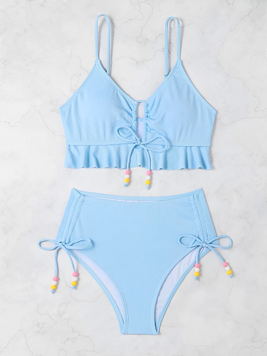 2025 High Waist Bikini Women Drawstring Swimwear Female Ruffle Swimsuit Solid Bathers Bathing Swimming Swim Suit Beachwear