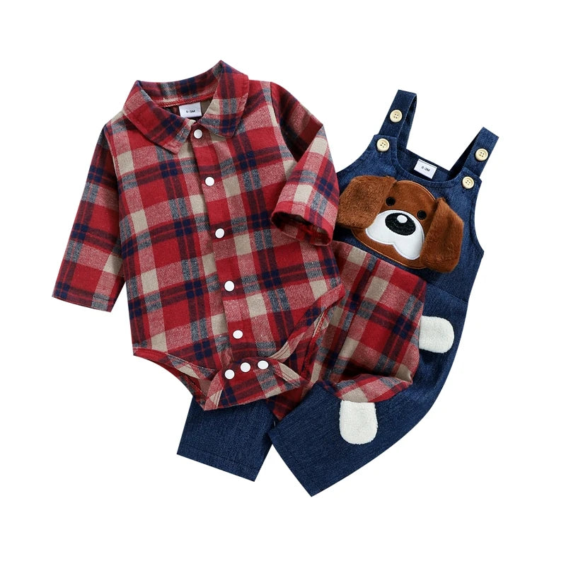 0-18M Baby Boys Spring Fall Clothes Set Newborn Infant Long Sleeve Plaid Shirt Romper + Animal Dog Denim Suspender Pant Overalls