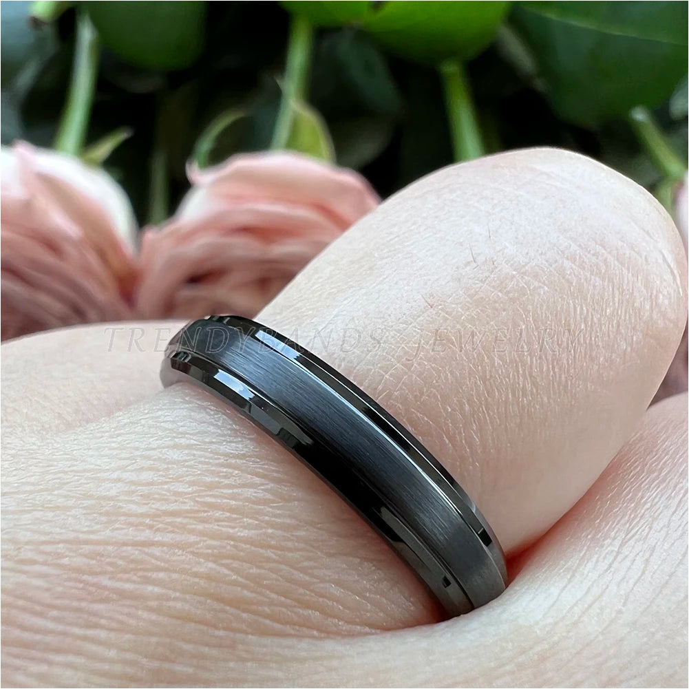 4mm Black Womens Mens Jewelry Tungsten Carbide Ring Wedding Band With Stepped Beveled Edges Brushed Finish Comfort Fit