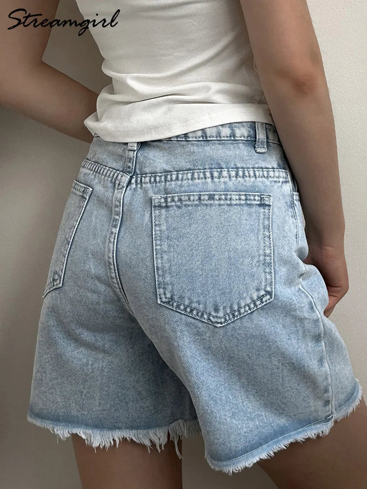 Blue Denim Shorts Women Jeans Long High Waist Loose Bermuda Shorts Woman Black Jean Straight Shorts For Women Summer 2024