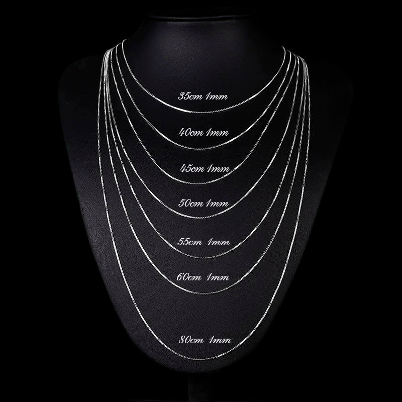 35cm-80cm 1mm Thin Pure Solid 925 Sterling Silver Box Chain Necklace Women Men Girls Jewelry Short to Long Kolye Collares