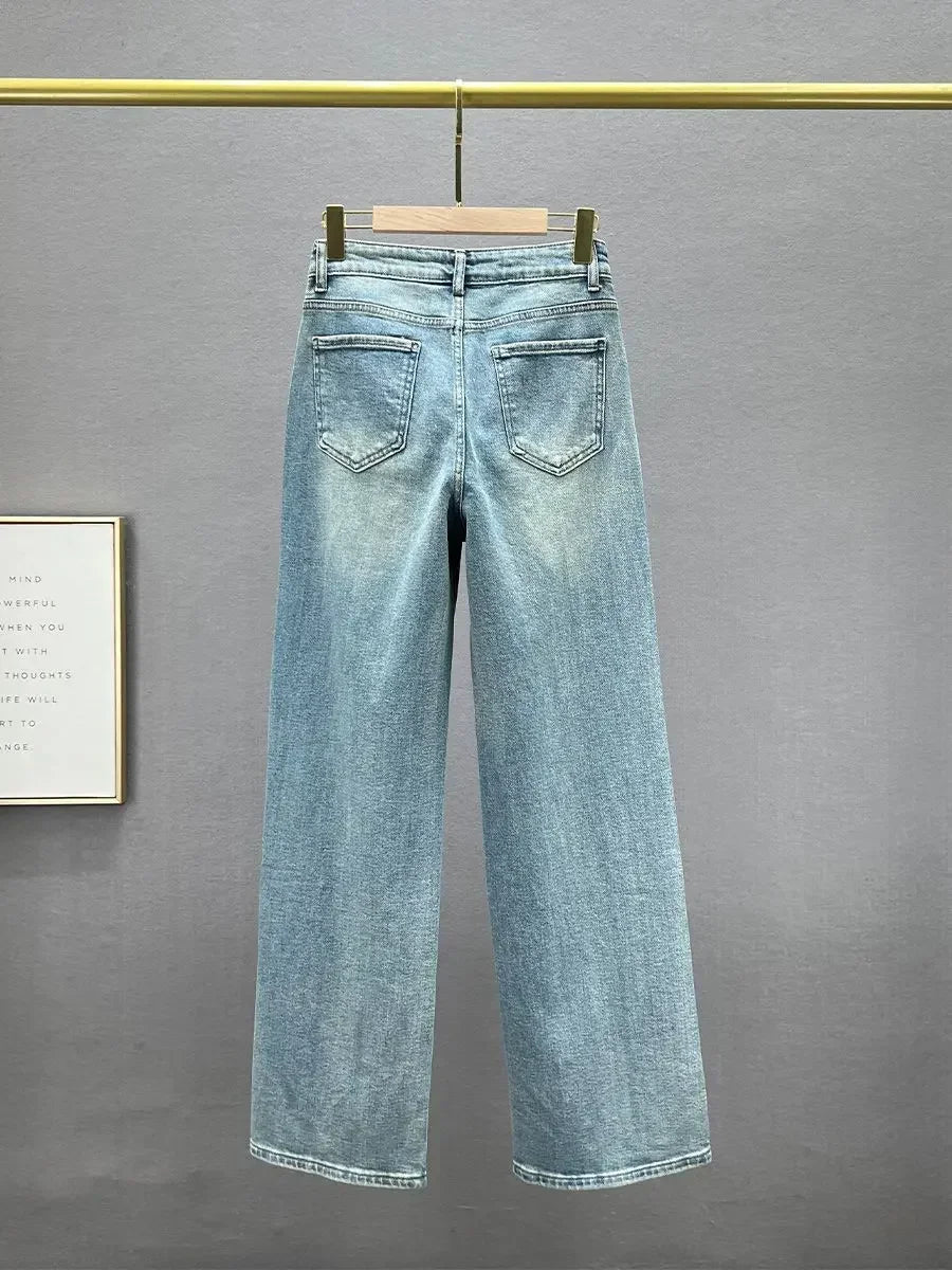 Rhinestone Pendant Design High Waist Wash Jeans Women's Summer Loose Slimming and All-Matching Straight-Leg Pants